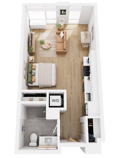 Apartments in Lancaster | a bedroom floor plan with a bathroom and a living room